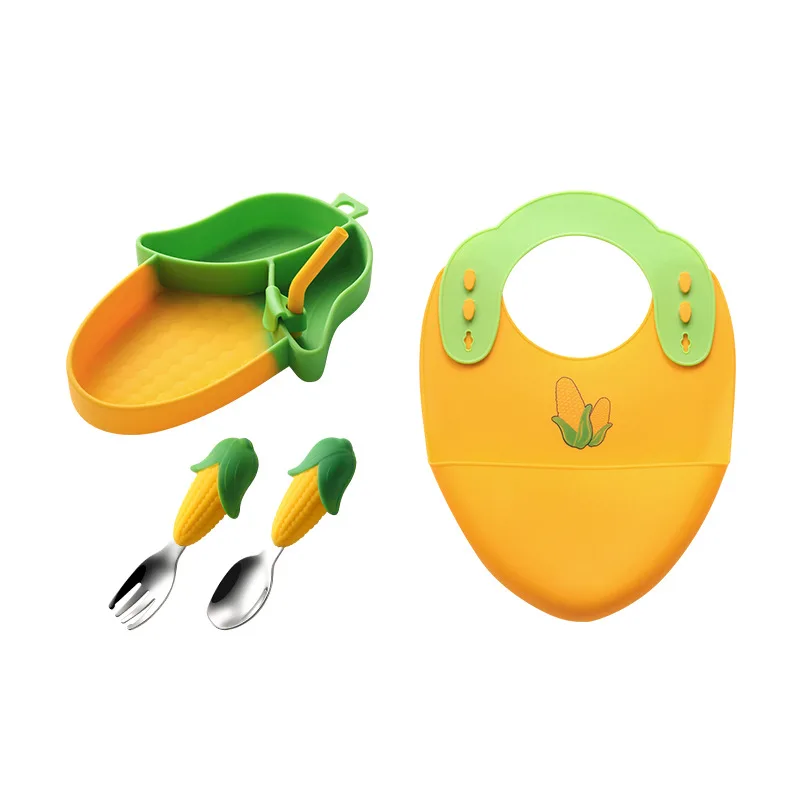 New best seller baby products and items baby silicone tableware set feeding supplies Fork spoon bibs set