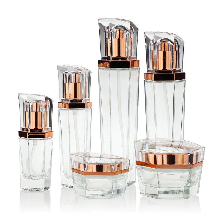 
unique clear hexagonal classy glass bottle jar set cosmetics containers and packaging luxury skin cream lotion bottles empty 