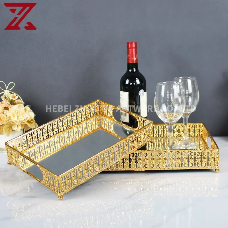 Factory Supply Rectangular Mirror Serving Tray With Handle Luxury Gold Metal Glass Mirror Tray For Home Decorative
