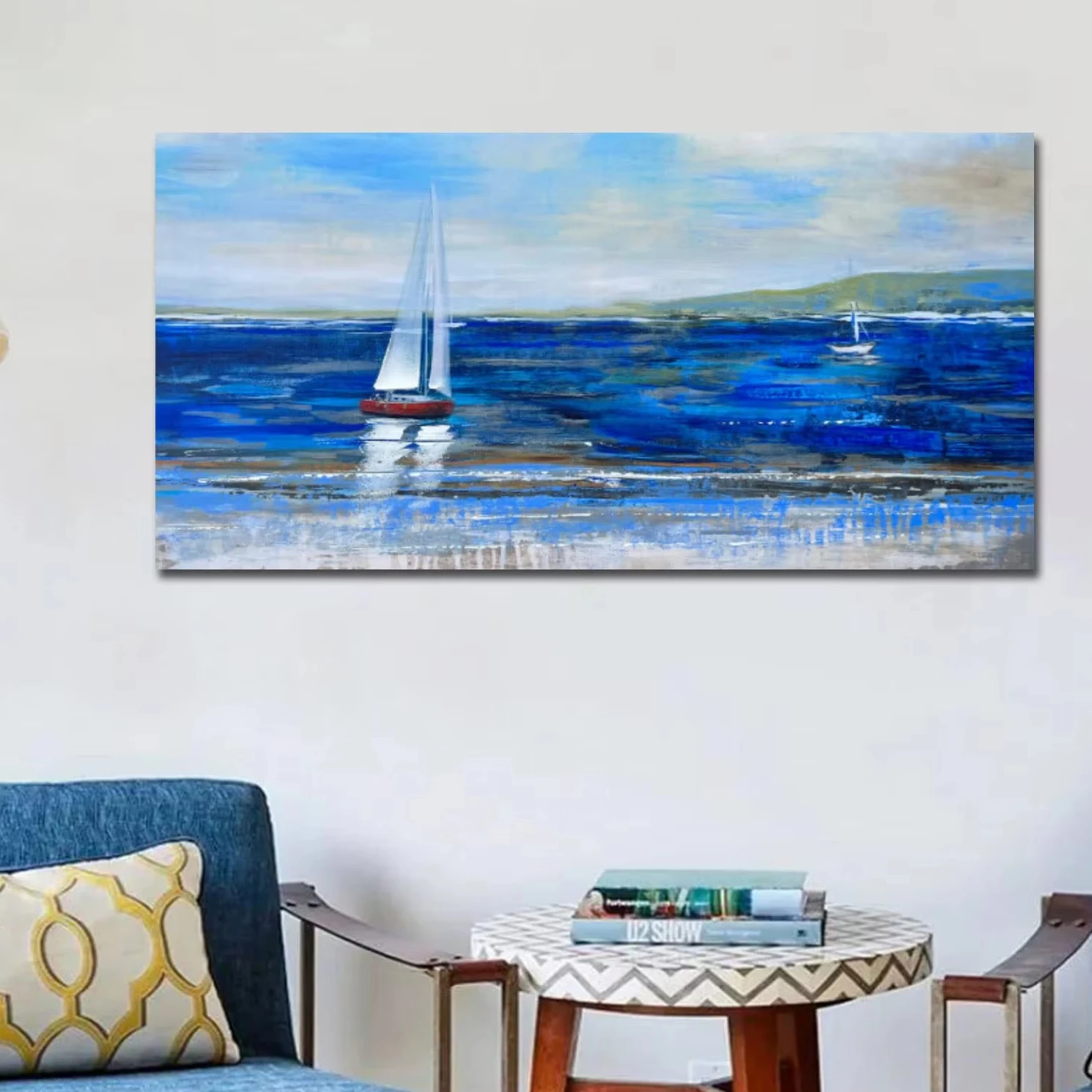 SQ large size blue abstract painting canvas wall art landscape painting modern  ocean canvas print art for home office