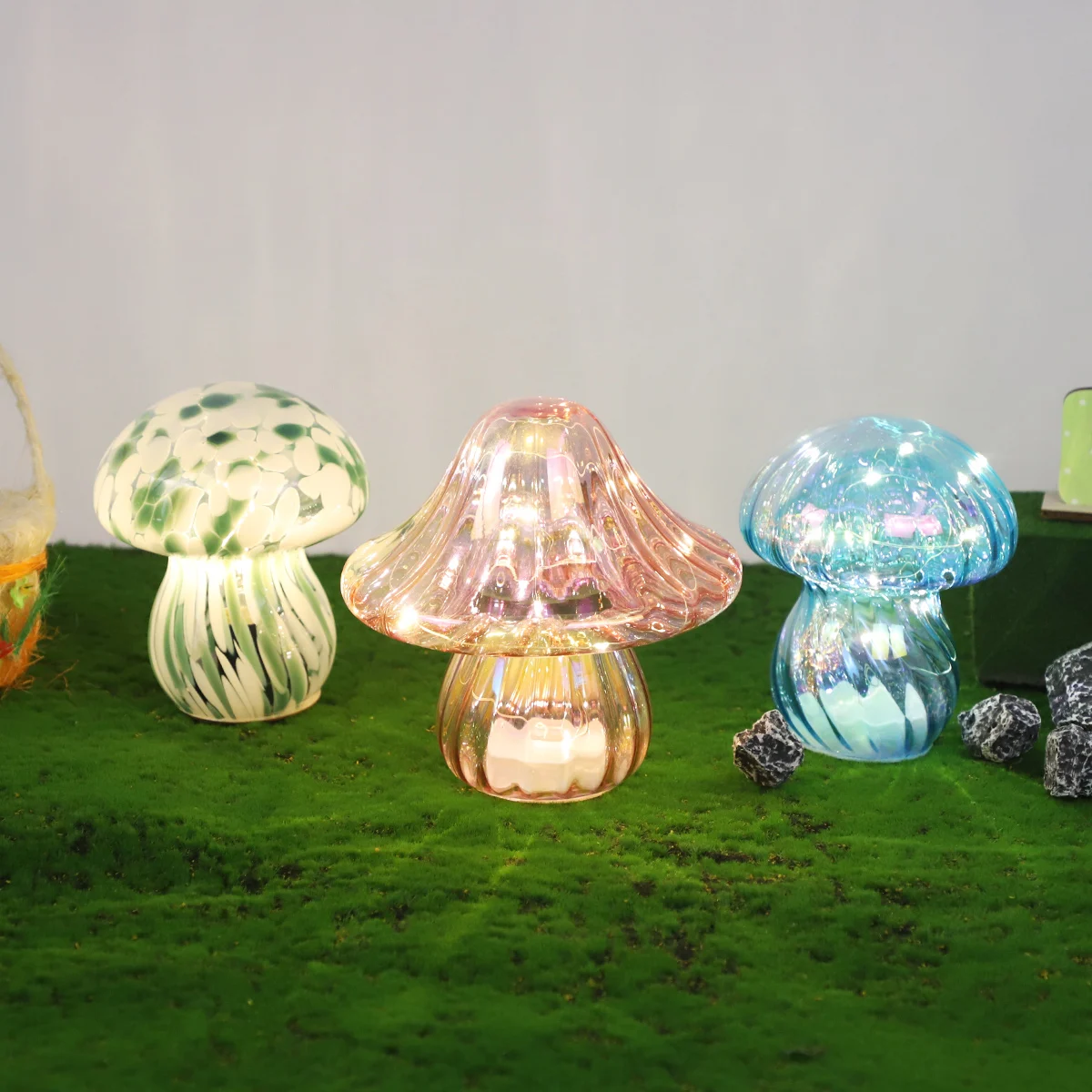 Mushroom Lamp Small Bedside Table Lamp with Striped Glass Nightstand Lamp for Bedroom Living Room