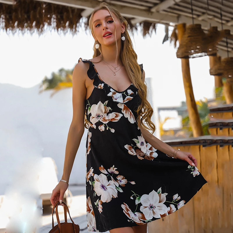 Summer day Sweet girl Clothing cheap online sales Black sleeveless sexy woman floral print Chiffon casual Skirt Dress
