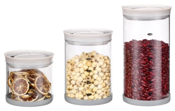 Popular round shape borosilicate glass storage jar food container with cover and tray base