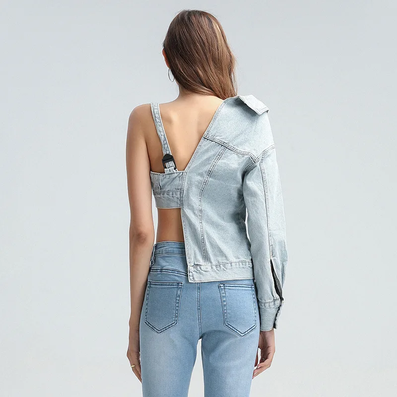 New Fashion Sexy Lapel Open Waist Denim Jacket custom cropped jean jacket