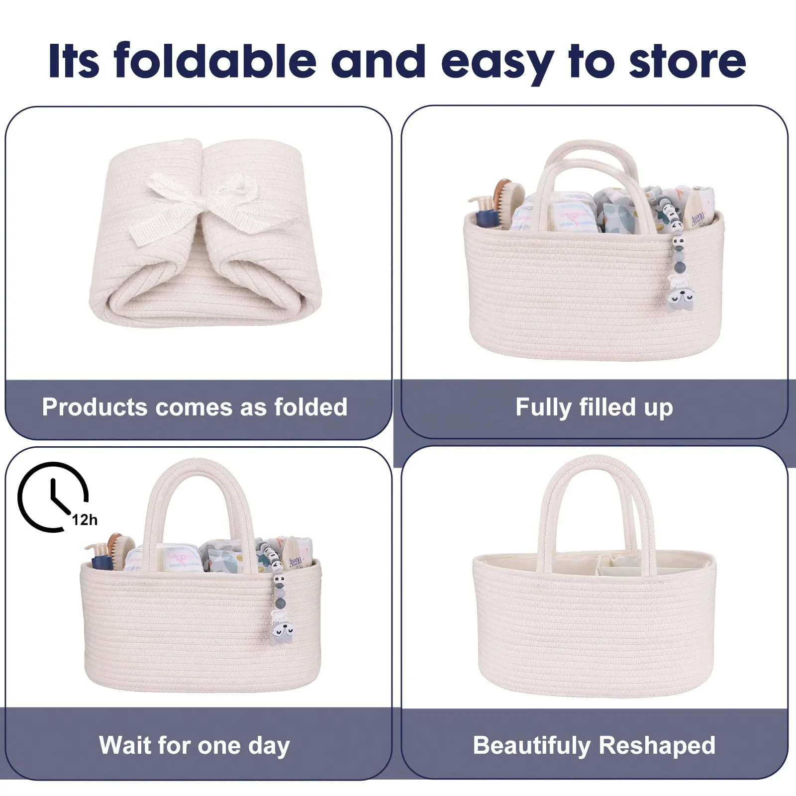 Baby Diaper Caddy Organizer for Girl Boy Cotton Rope Nursery Storage Bin Basket Portable Holder Tote Bag for Changing Table