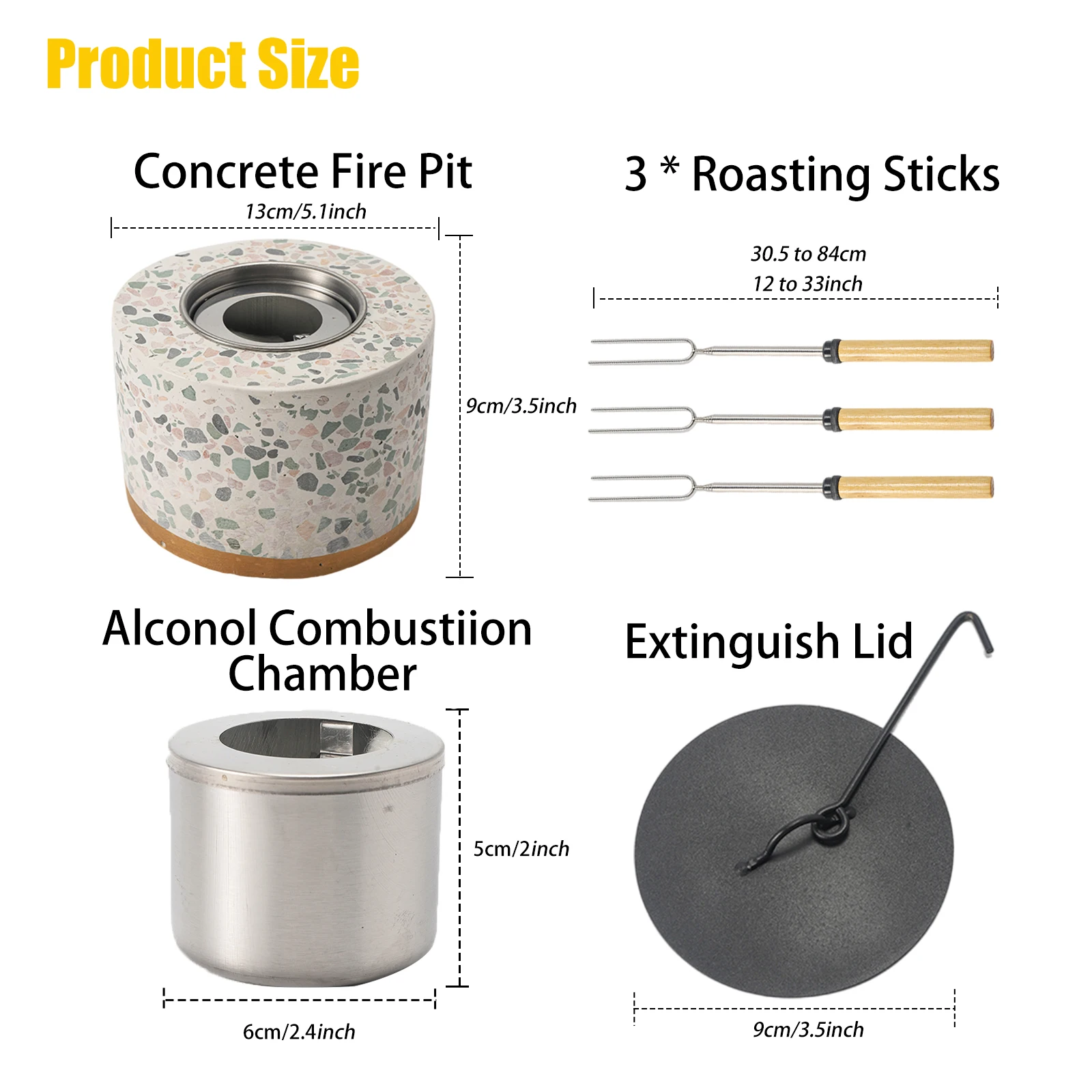 Portable Outdoor & Indoor Concrete Tabletop Fire Pit Bowl, Bioethanol Fuel Tabletop Smores Fire Pit with Roasting Sticks