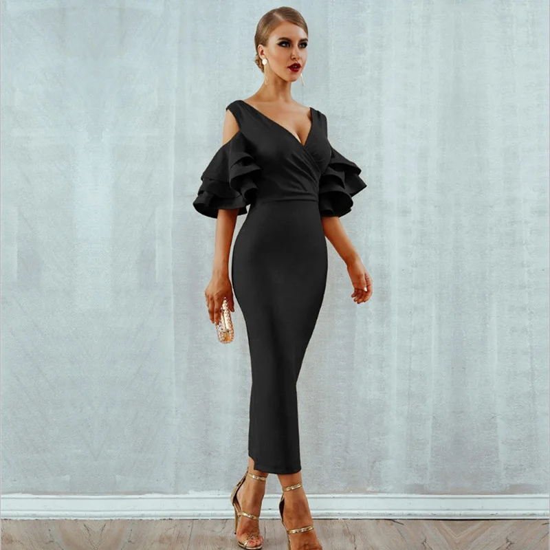 New Summer Women Club Dress  Celebrity Party Dress Yellow Red Ruffle Butterfly Short Sleeve Midi Club Dresses