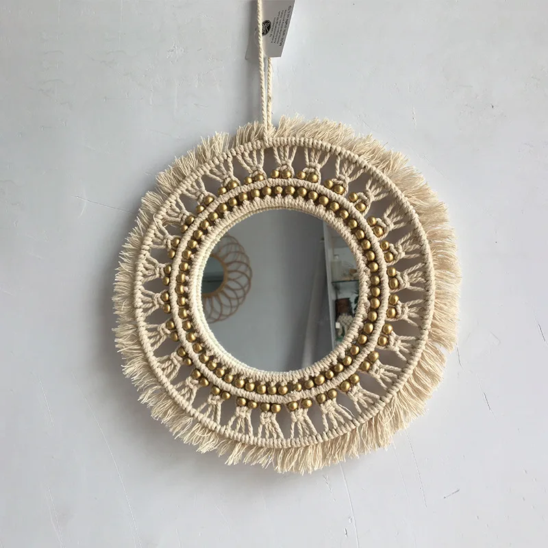 Handwoven Macrame Fringe Cotton Hanging Round Mirror Home Decoration Christmas Gift Boho with Beads