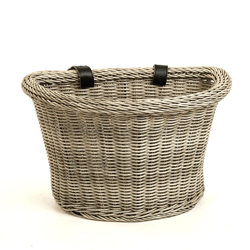 Factory wholesale D shaped PP rattan e-bike basket plastic adult bike basket front handlebar bicycle basket with straps