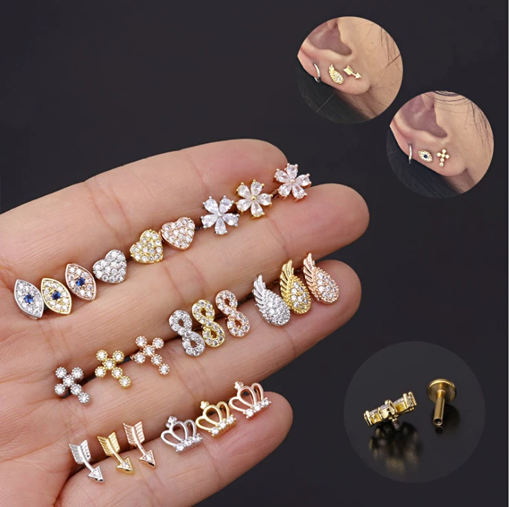 Wholesale Custom Statement Flat Back Earring Gold Plated Ear Piercing Helix Targus Cartilage Cubic Zirconia Stud Earring