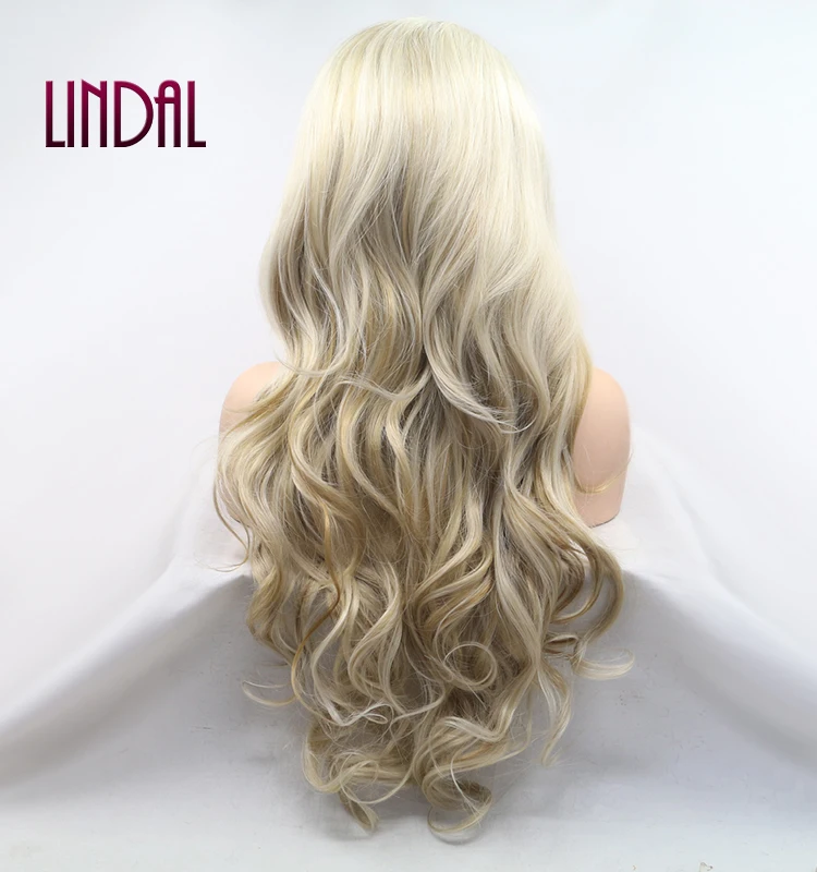 LINDAL long wavy blonde highlight gold synthetic lace front wigs piano color wavy with heat resistant fiber for women drag queen