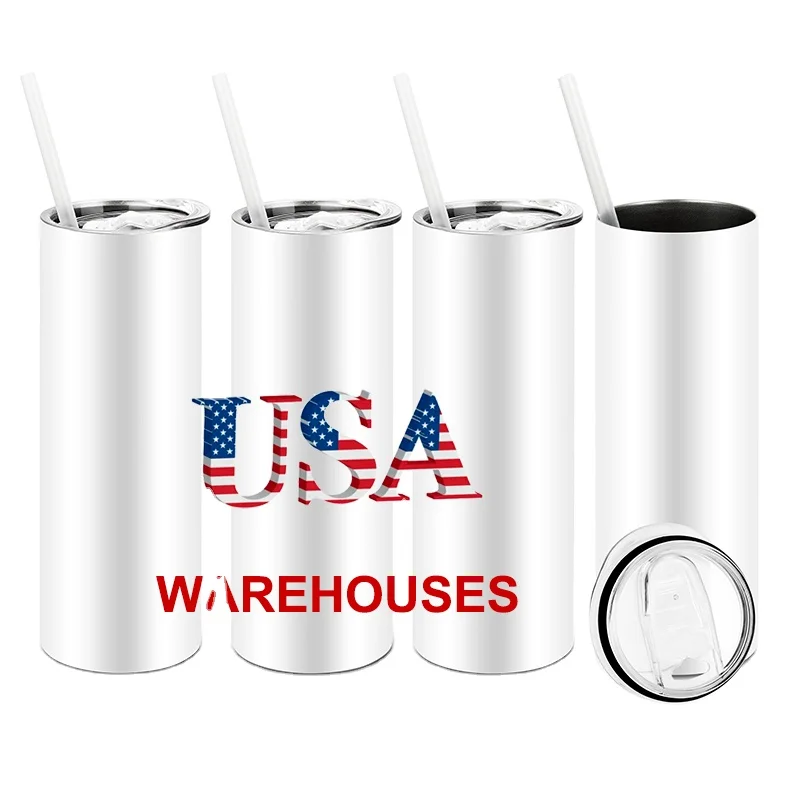 USA Warehouse 20 oz Sublimation Blank straight Coffee Mugs Bulk Insulated White Skinny Tumbler with Lids and Straws