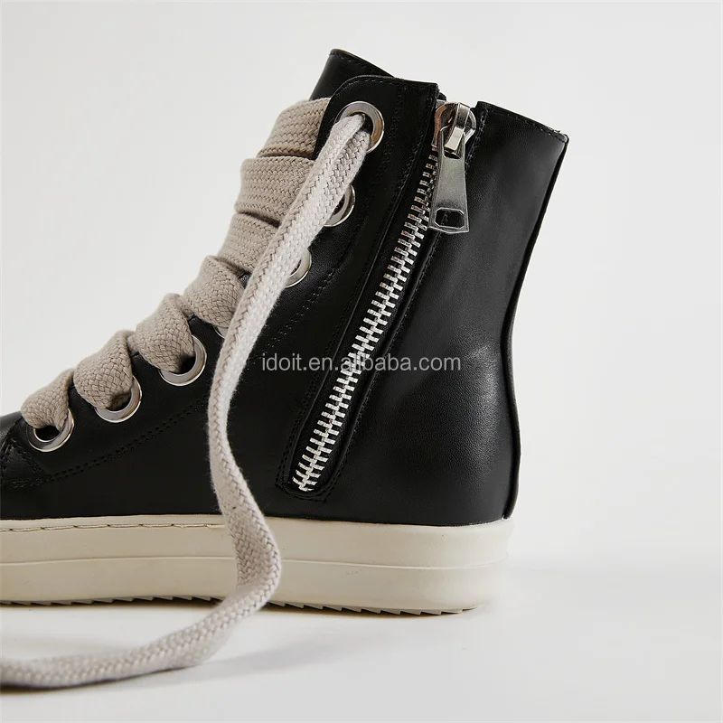 IDOIT Casual Leather Shoes Luxury Trainers Ankle Lace Up Sneaker Zip High-TOP Flats Black Ankle Boot For Women