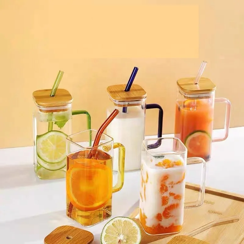 Hot Selling Square Clear Blank Glass Mugs With Lid and Straw Colorful Handle Cup for Coffee Ice Water