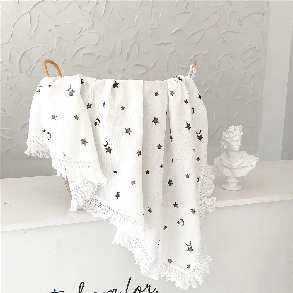 Boho Rainbow Star Moon Muslin Baby Blanket Wrap Gauze Quilt Leopard Floral Tassel Fringe Baby Muslin Cotton Swaddle Blanket
