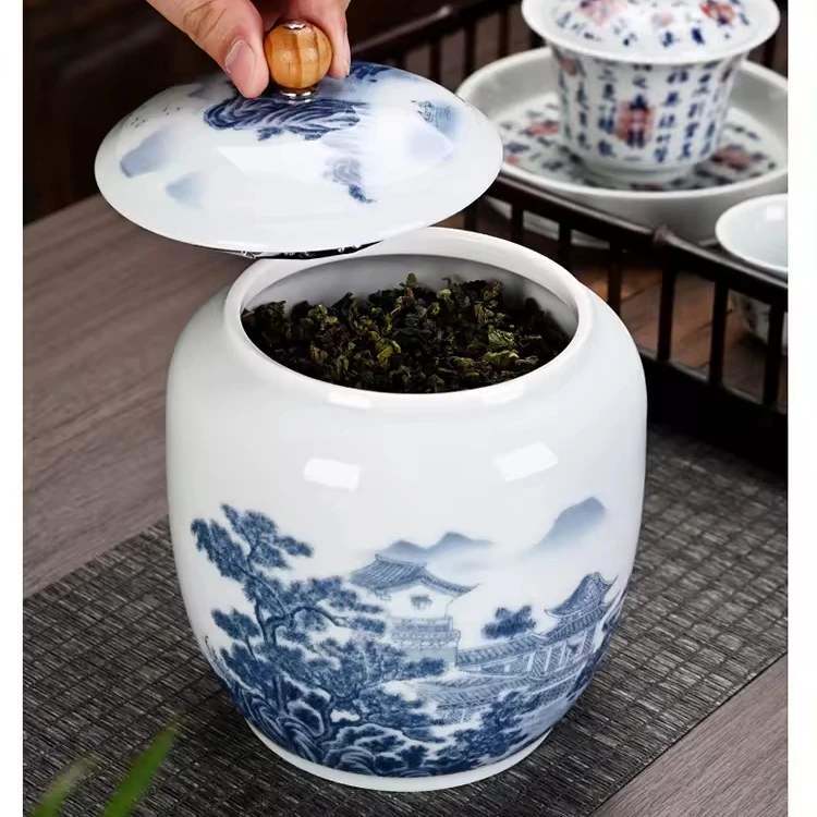 portable porcelain food and tea and rice storage jar with wood knob lid porcelain storage can