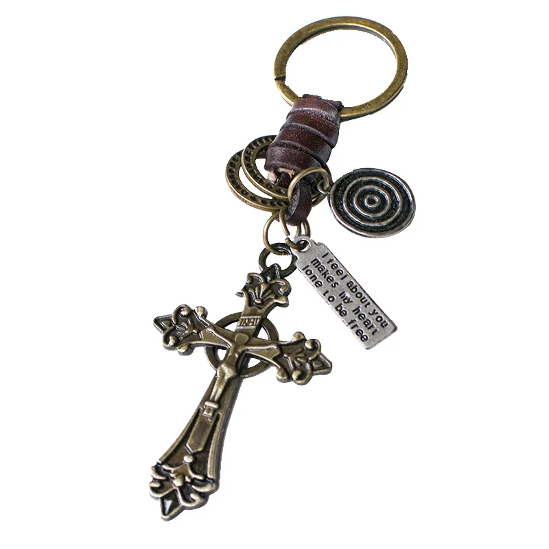 YK Fine Jewellery China New Innovative Product Vintage Genuine Leather Alloy Jesus Cross Keychain