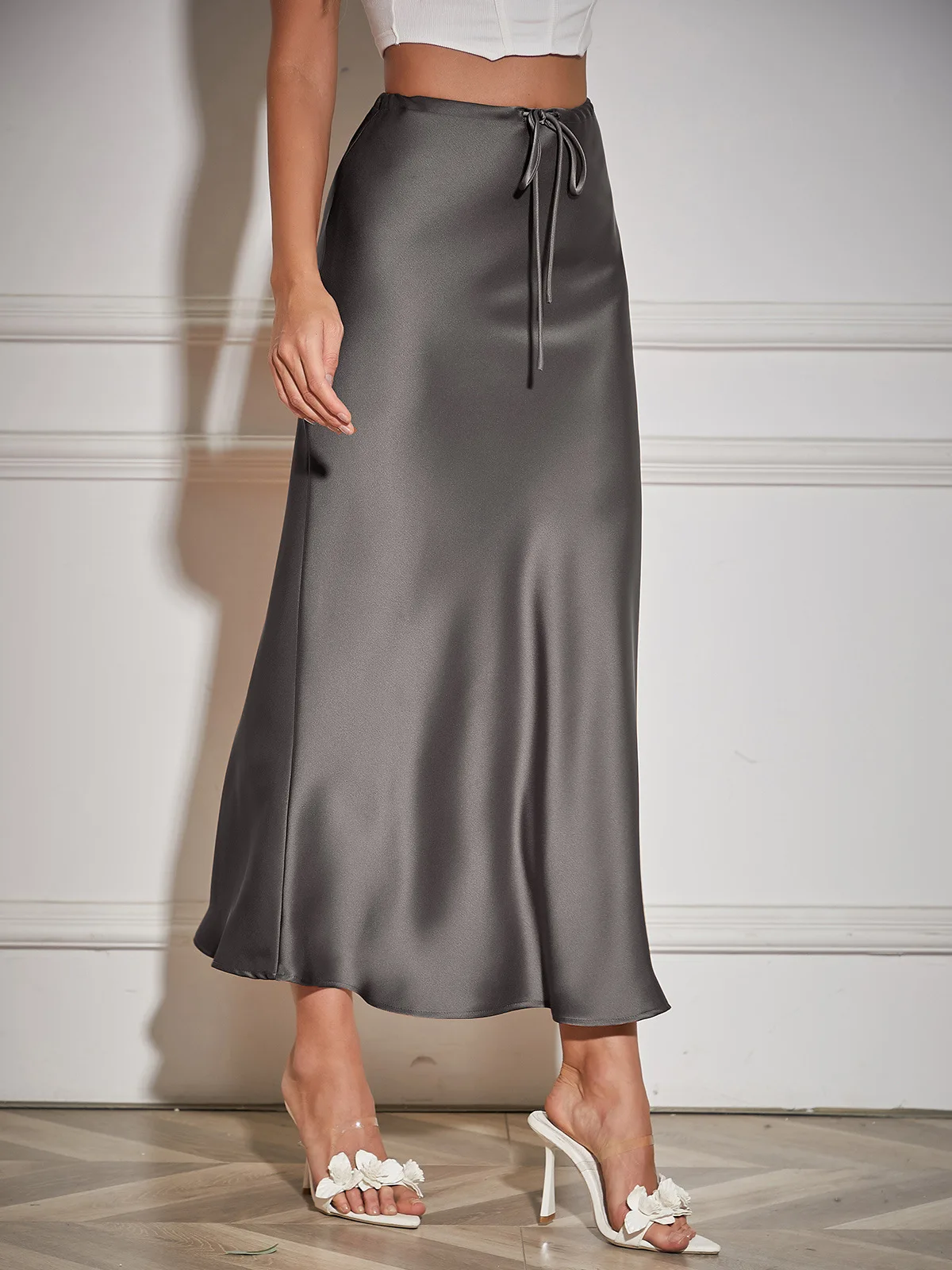 Womens Satin Silk Maxi Skirts Drawstring Flared Casual A-Line Long Skirt for Women