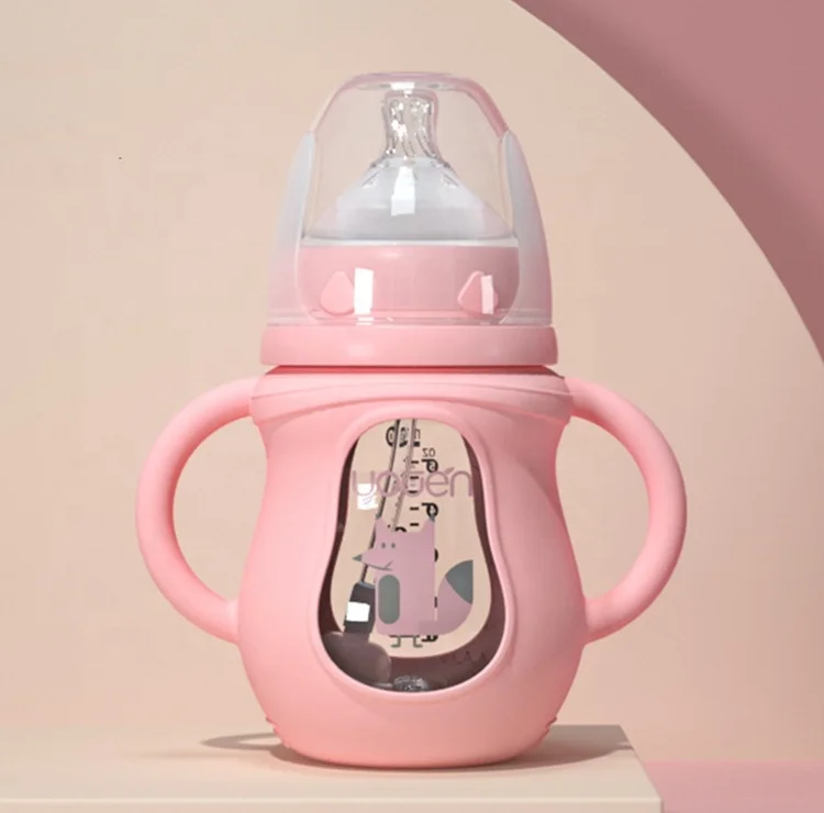 Newborn Baby Wide Mouth Glass Baby Feeding Bottle With Straw Silicone Anti-Drop Sleeve