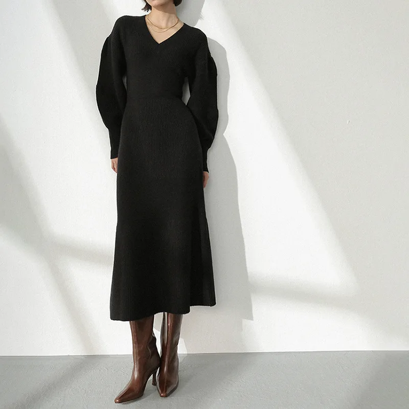 Custom 100% Cashmere Dress Women Lady Winter Knit Woman Vintage Lantern Sleeves Long Cotton Wool Cashmere Sweater Dresses