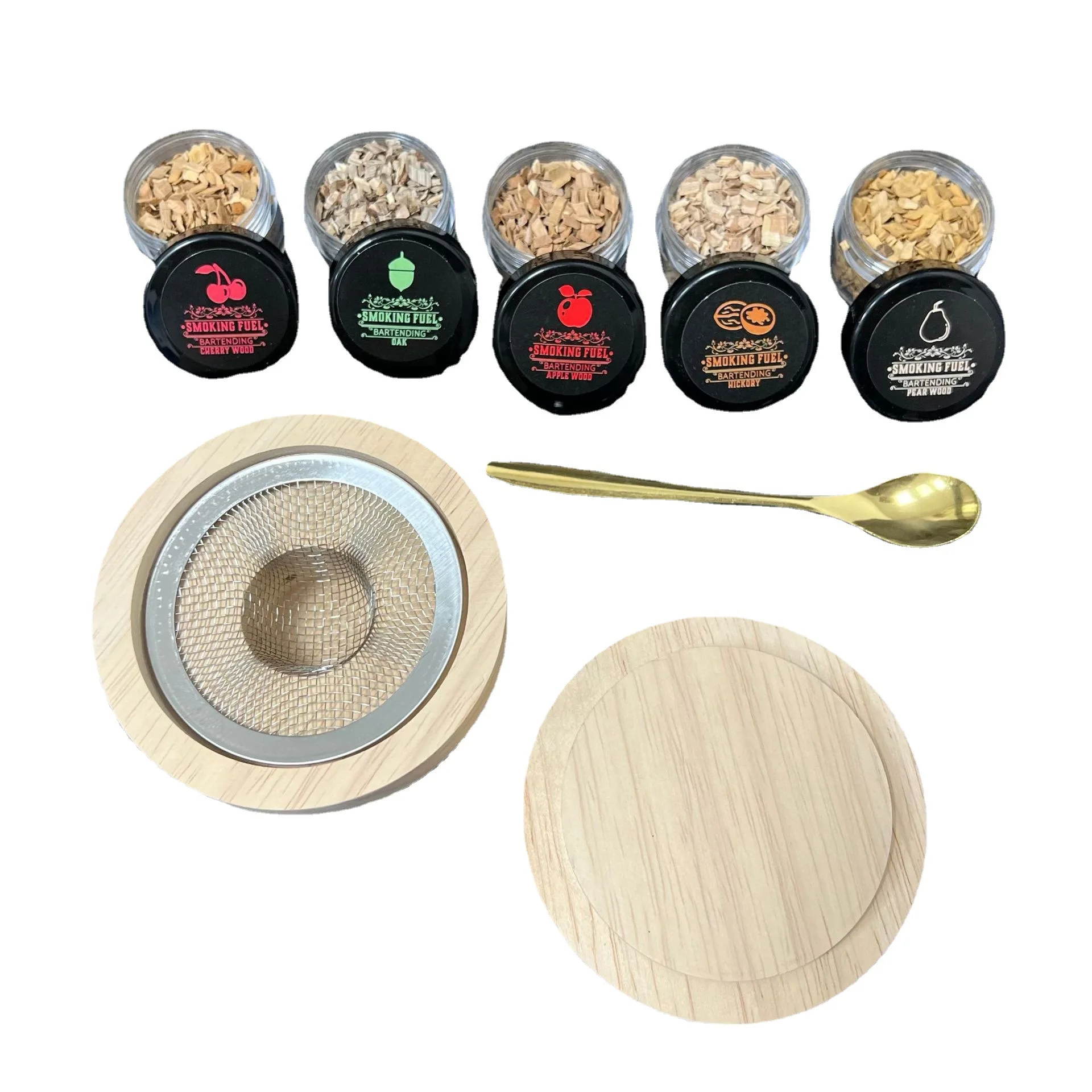 Hot selling custom logo kitchen bar cocktail whiskey wine fruit wood chips sawdust wooden oak wood smoker set