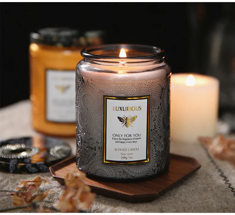 Embossed Glass Jar China Supplier Private Logo Wholesale Soy Wax Custom Scented Candle