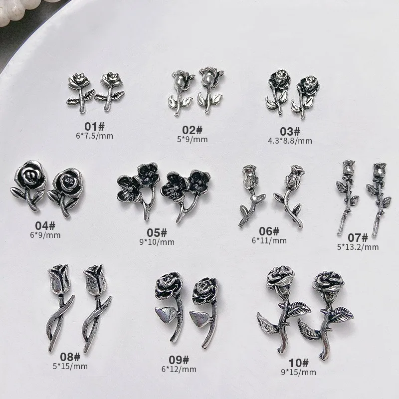 10pcs/bag Silver 3D Rose Flowers DIY Nail Art Charms for Nail Supplies
