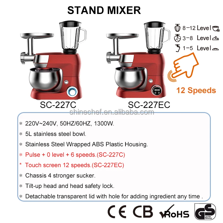1300W Food Processor Kitchen Appliances 5L Stainless Steel Bowl Electric LED Display Stand Foods Mixer With Meat Grinder Blender