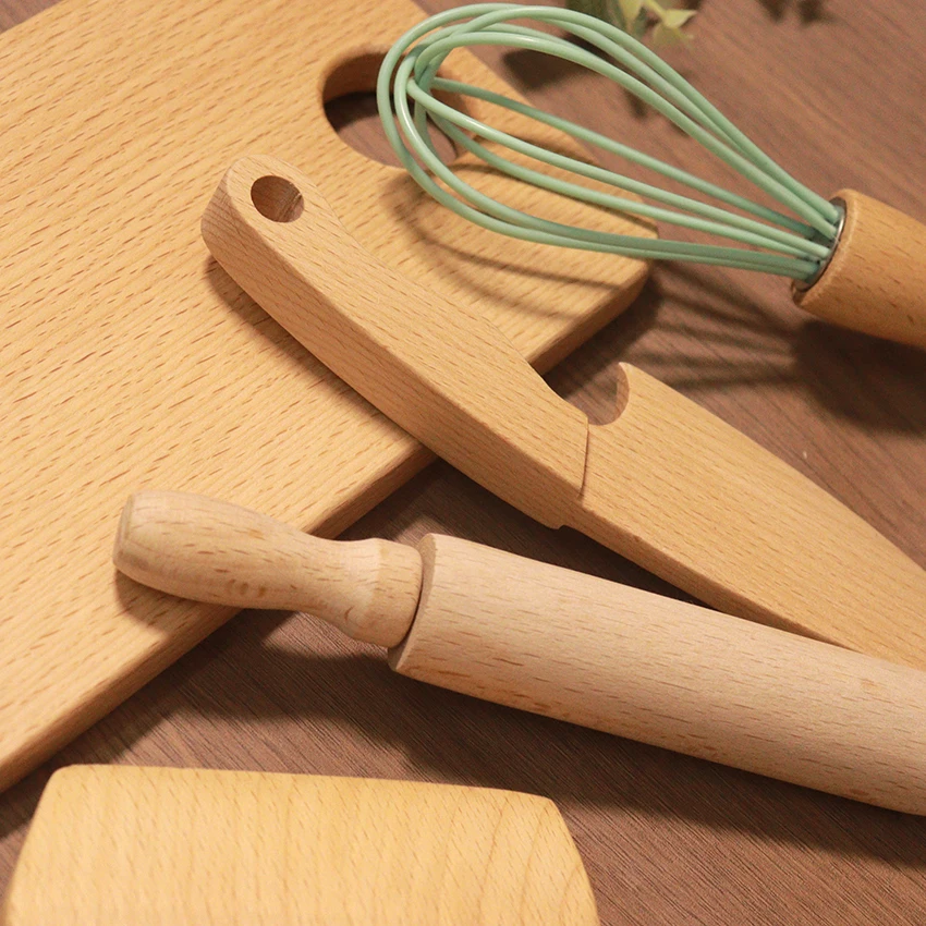 Wooden Kids Safe Knife and Kids Baking Set 5 Pcs Toddler Montessori Kitchen Tools Cooking and Baking for Kids Little Chefs