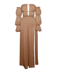 HKRED High Quality Off Shoulder Puff Sleeve Silk Pleated Maxi Lady Dress Cut-out Dress women gold evening dress