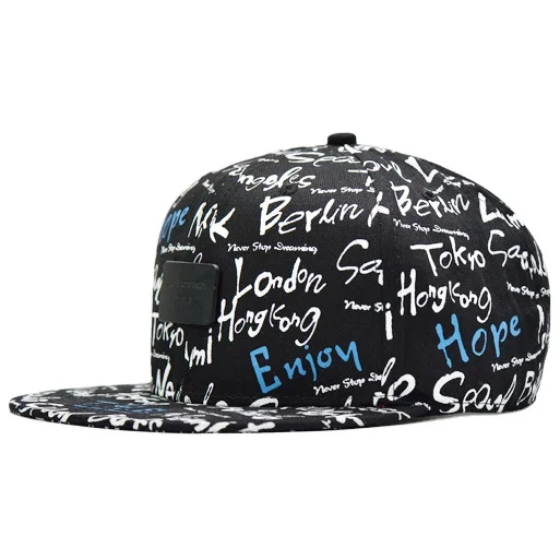 High Quality Fashion 6 Panel Flat Tongue Cap Rubber Patch All Over Print Hip Pop Snapback Caps