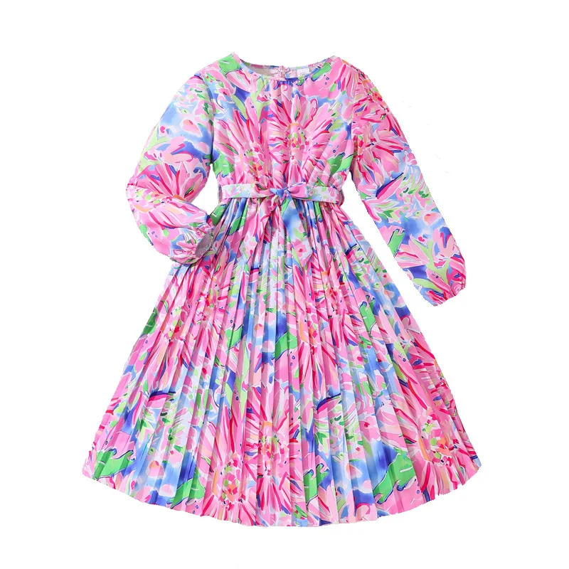 2024  Fall New Long Sleeve Flower Printed Pleated Children Princess Dress Beautiful Girls Dresses for 8-12 years old