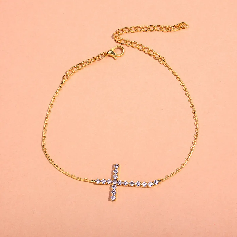 2022 Simple Single Row Blingbling Rhinestone Diamond Foot Chain Ankle Bracelet CZ Crystal Cross Anklet for women