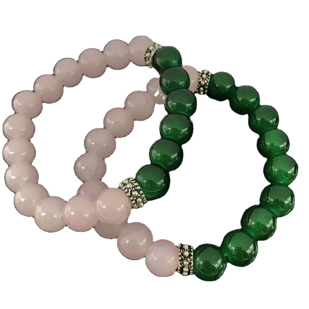 Handmade High Quality 2pcs Heavy Beads Greek Symbol Sorority Elastic Pink & Green Jade Bead Charms Bracelet Jewelry Set