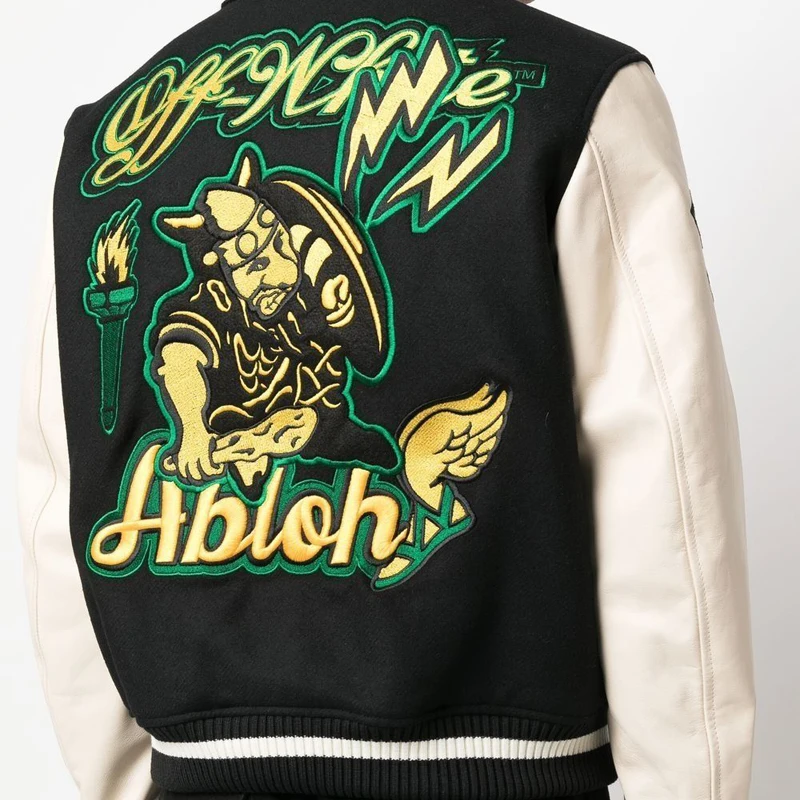 Fashion yellow green match embroidery pattern letter white leather long sleeve black polyester body mix color baseball jacket