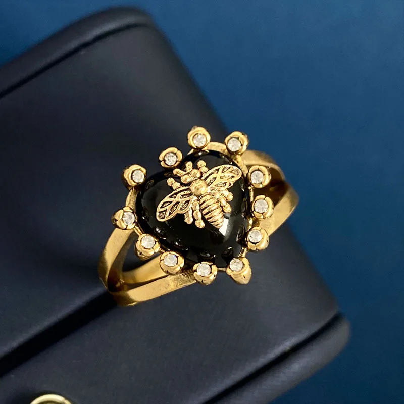 Bee Diamond Black Resin Pearl Heart Open Ring