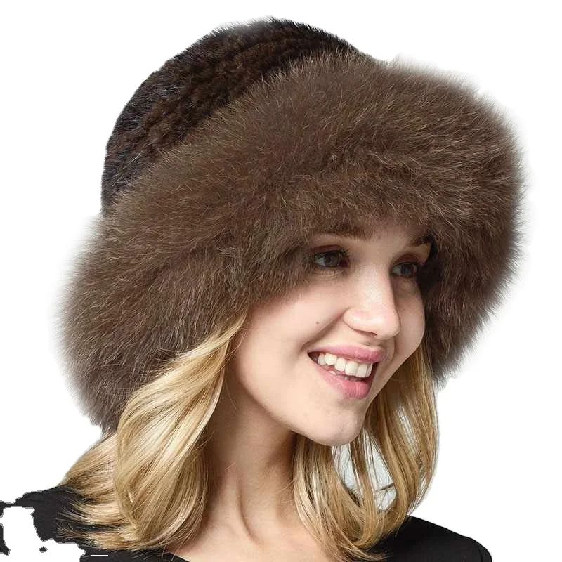 Заводская оптовая продажа вязаная вручную шапка из меха норки Лисья меховая отделка роскошная зимняя Пушистая Шапка белые шляпы