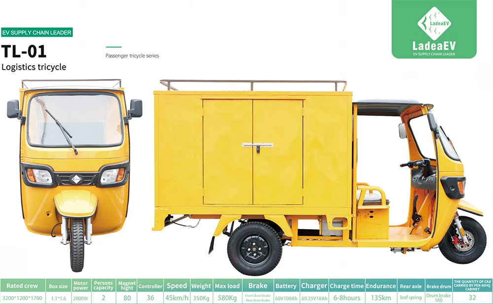 CKD SKD 2000W 45km/h Max Speed 135km Range 580kg Load Express Electric Cargo Tricycle China Trade with 1.1*1.6m Box