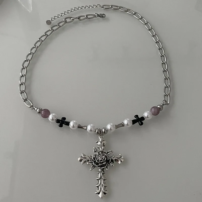 Vintage Personality Flower Cross Pendant Necklaces for Men Women Ins Hip-hop Pearl Beaded Necklace Jewelry Accessories