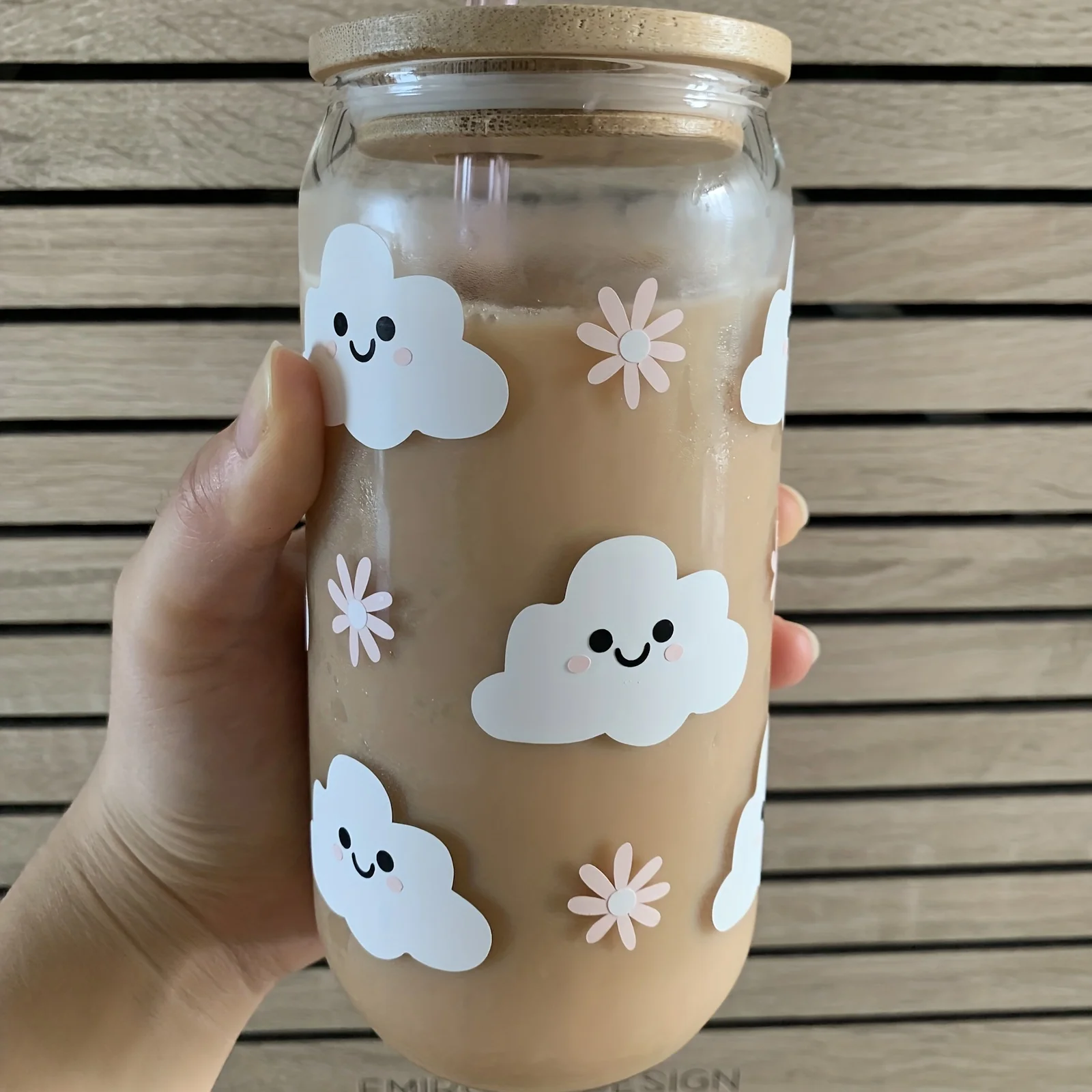 New Popularity Portable Cute Clouds Pattern 16 OZ Glass Milk Tea Coffee Can With Straw And Brush