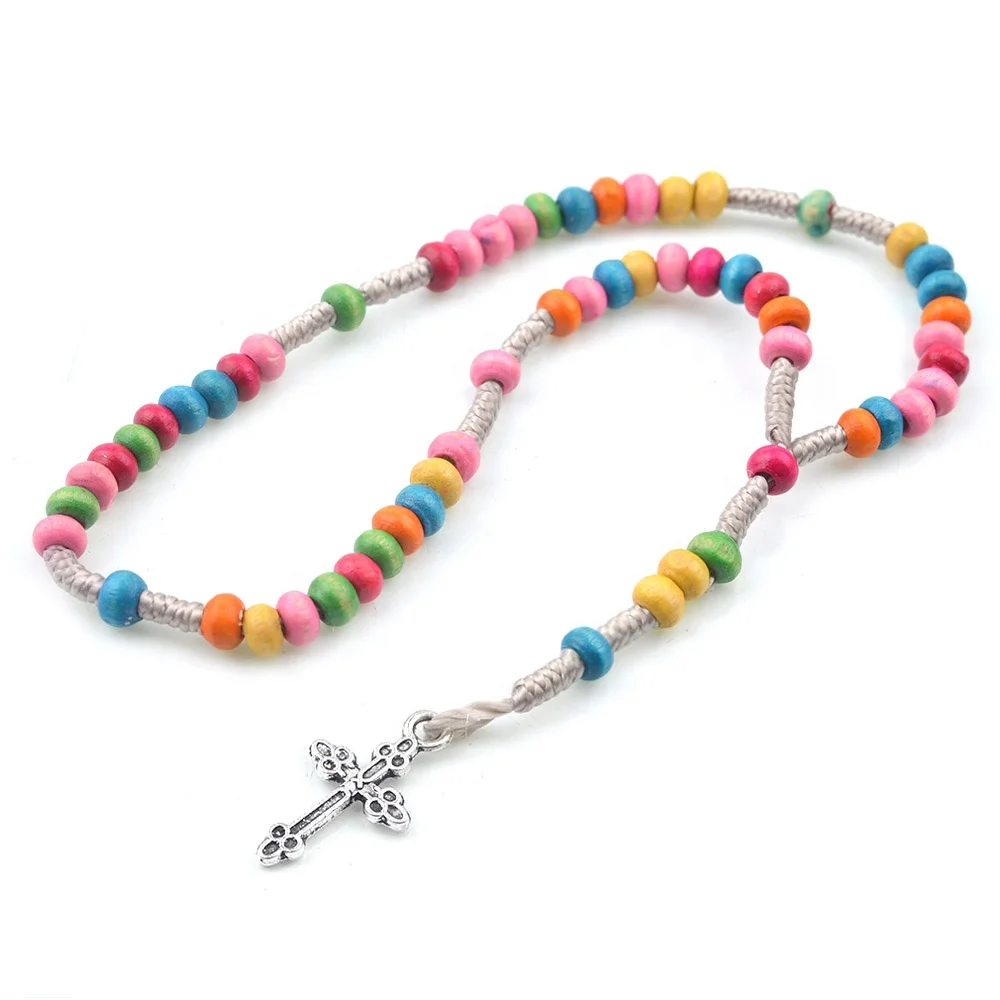 Colorful Small Wooden 3x4mm Beads Cord Cross Necklace with Candy Box Catholic Rosary