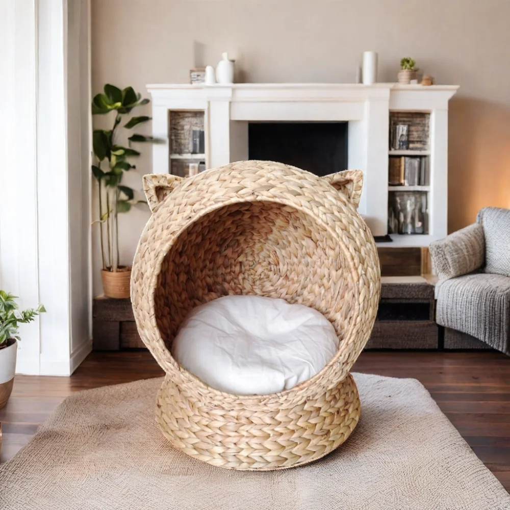 Eco-Friendly Water Hyacinth Pet Bed Iron Frame with Fish Bone Weave and Red White Cushion for Resting Pet Animals