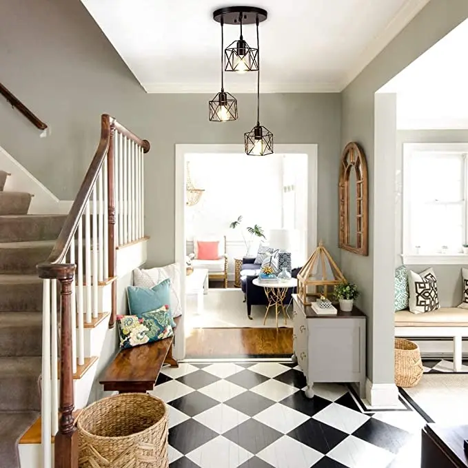 Retro Vintage Mid Century Home Black Rustic Led Chandeliers Lamp Round Indoor Hanging Ceiling Light Pedant Light Fixture