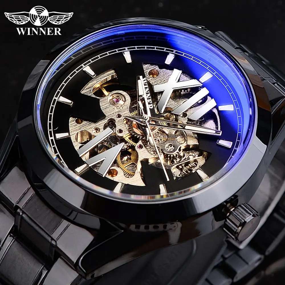 OEM/ODM Winner Watch Men Blue Light Glass Skeleton Dial Automatic Watch Black Luminous Waterproof Stainless Steel Mechanical