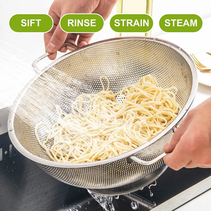 Drainer Cooking Sifter Strainer Metal Colander with Handle Vegetable Kitchen Food Strainer Basket Stainless Steel Colander Pot