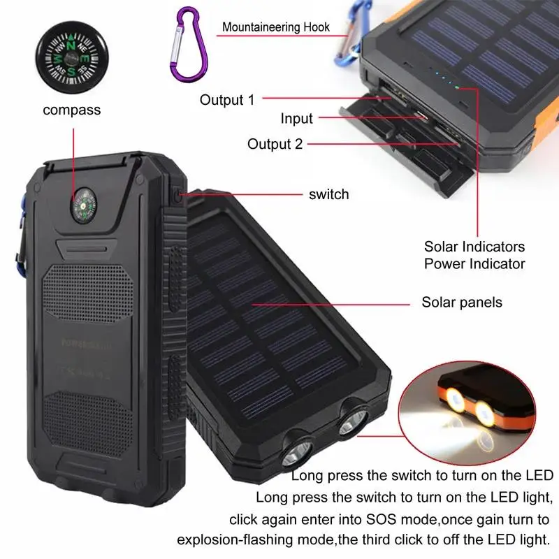 IP67 IPX6 Waterproof Solar Power Bank 20000mah Solar charger waterproof 10000mah 8000mah power bank portable for cell