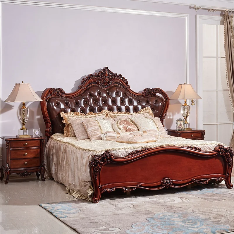 European Royal Luxury Wooden Carved Genuine Leather King Size Furniture Bed Room
