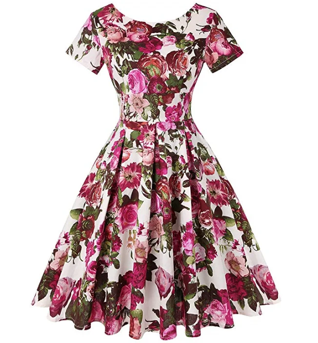 Hot Sale Custom Summer Women Retro Vintage Floral Print Short Sleeve Boat Neck Swing Casual Dress