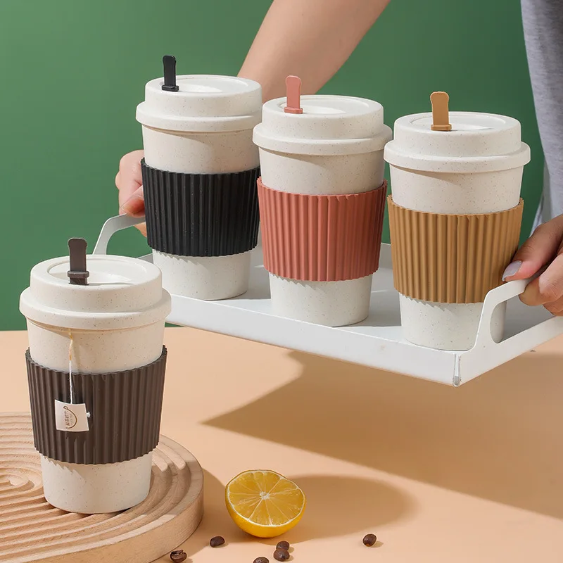 401-500ML Coffee Cups With Lids Wheat Straw Material Reusable Portable Cup Dishwasher Safe Coffee Mug Tea Travel Cups