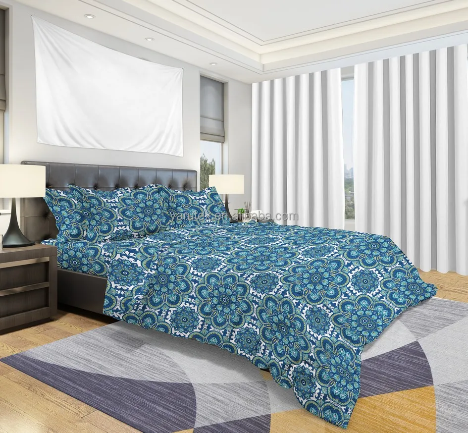 Blue flower geometric pattern print 100% polyester microfiber fabric for making bed sheets For Making Bed Sheets